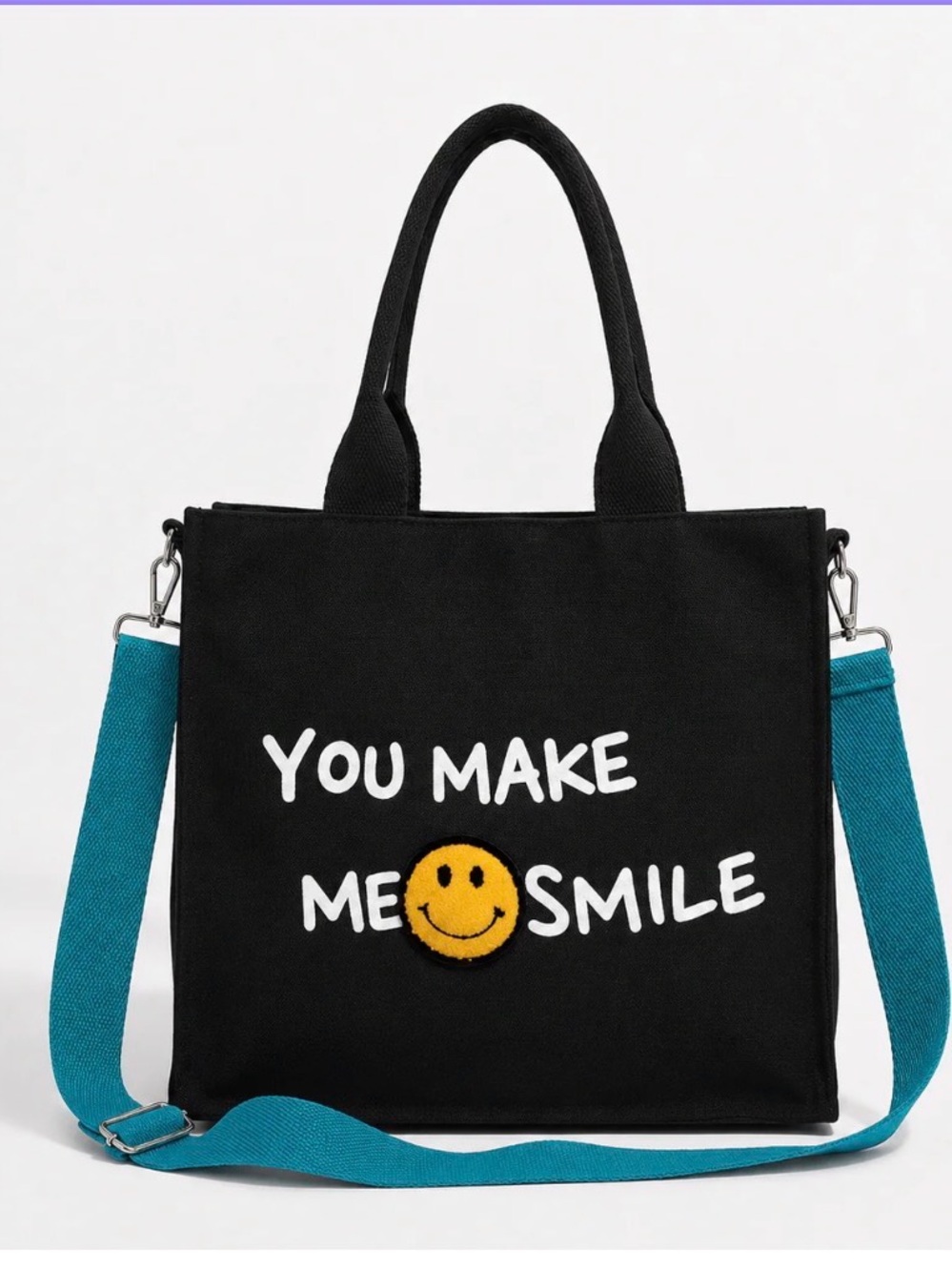 Black Canvas Tote with Teal Strap and Smile Patch